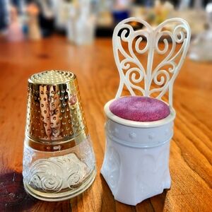 Vintage Avon Bottle Pair - The Golden Thimble and Sweet Shoppe Pin Cushion Chair